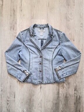 JB Denim Suzy Shier  Women's Large Light Wash Fitted Jean Jacket Stretch Blazer